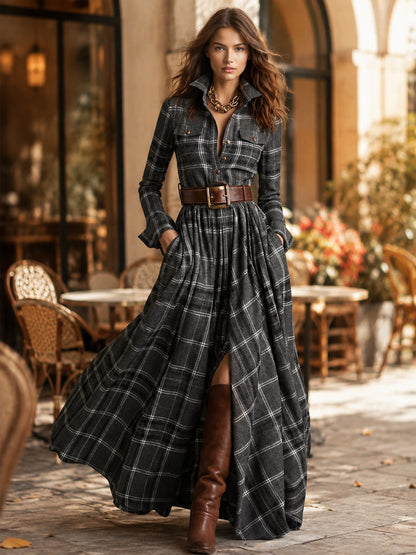 Women’s Plaid Belted Maxi Shirt Dress