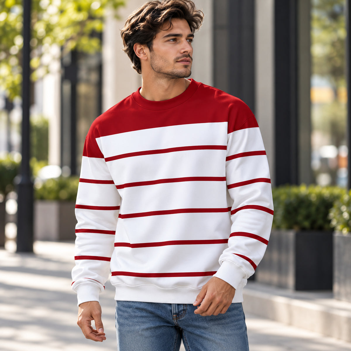 Men's Classic Colorblock Striped Relaxed Fit Sweatshirt