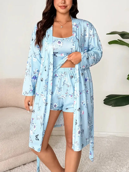 Cherry Floral 3-Piece Loungewear Set in Plus Sizes