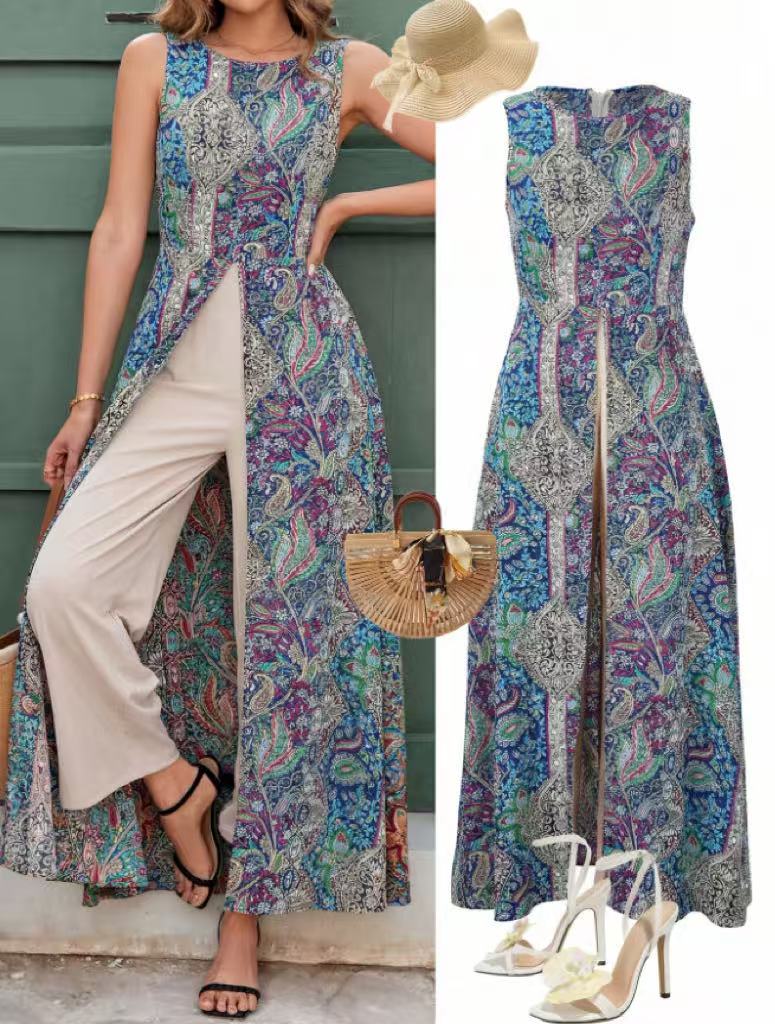 Women's Boho Printed Sleeveless Front-Split Maxi Top & Wide-Leg Pants 2-Piece Set