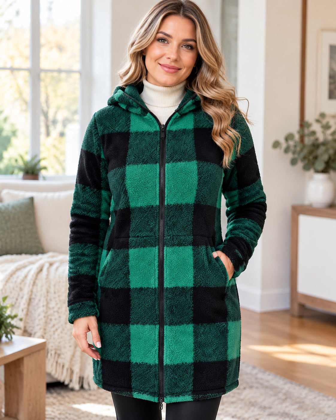 Women's Cozy Plaid Fleece Hooded Zip-Up Long Jacket