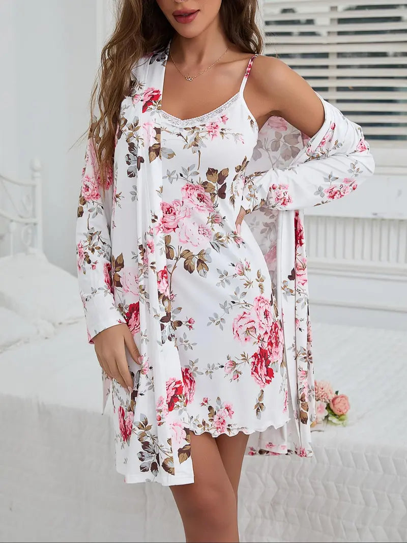 Women's Floral Robe & Cami Nightdress 2-Piece Sleepwear Set