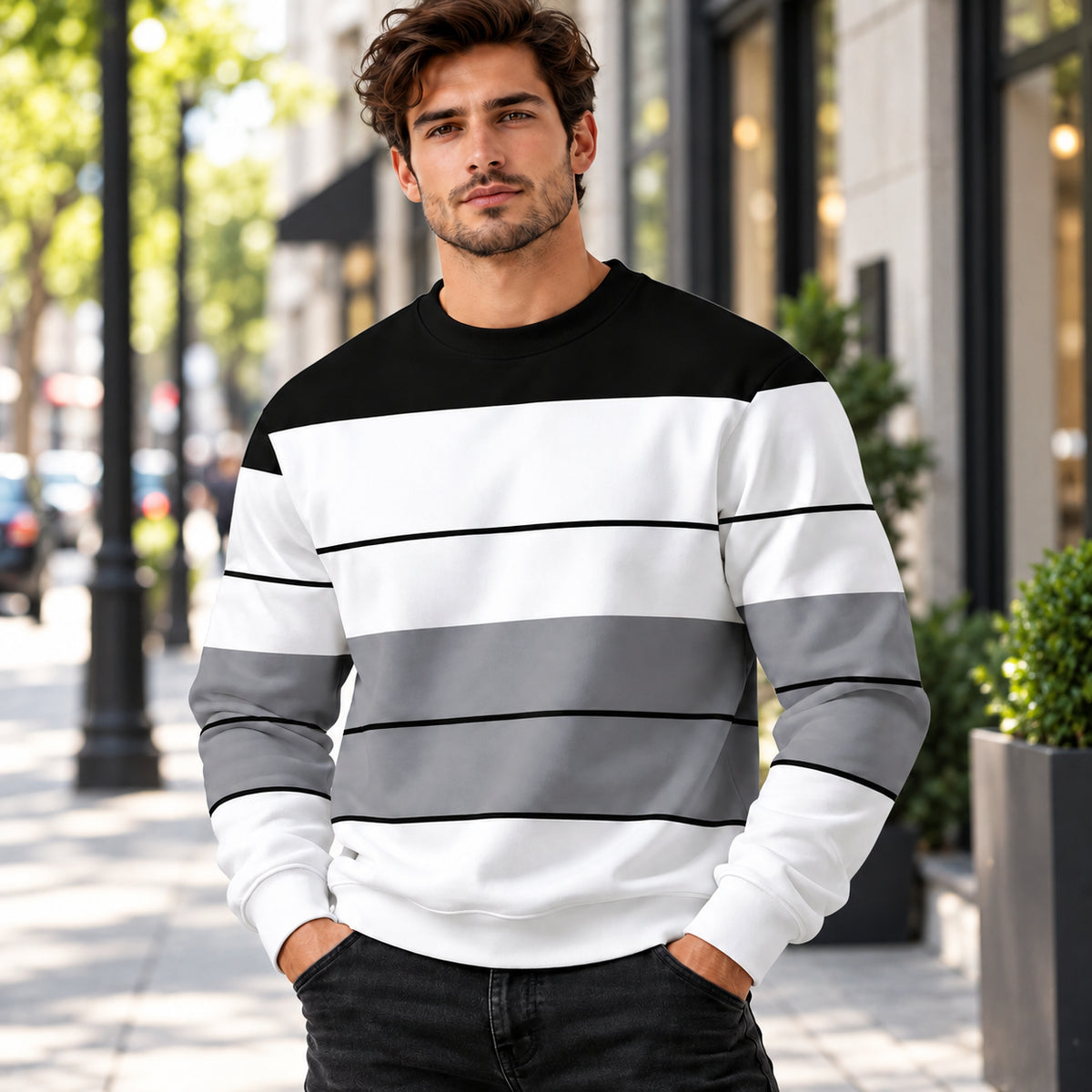 Men's Classic Colorblock Striped Relaxed Fit Sweatshirt