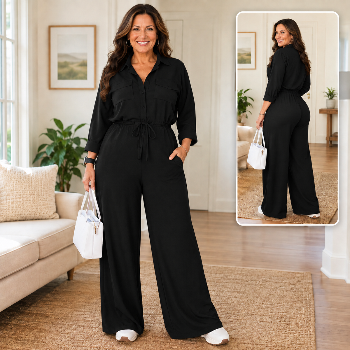 Women’s Drawstring-Waist Wide-Leg Shirt Jumpsuit