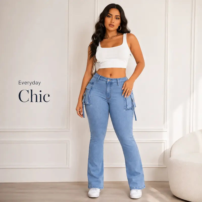 Women's High Waisted Sculpting Cargo Flare Jeans