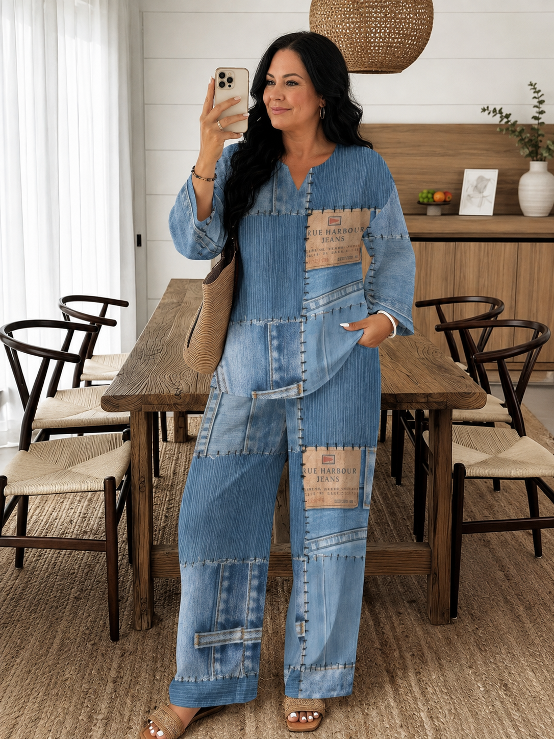 Plus Size Faux-Denim Patchwork Two-Piece Set