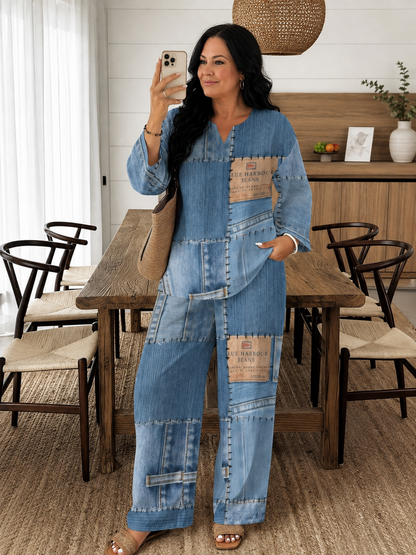 Plus Size Faux-Denim Patchwork Two-Piece Set