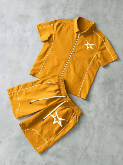 Men's 2 Pieces Outfits Casual Stars Pattern Shirt and Shorts Set Quarter-Zip Athletic