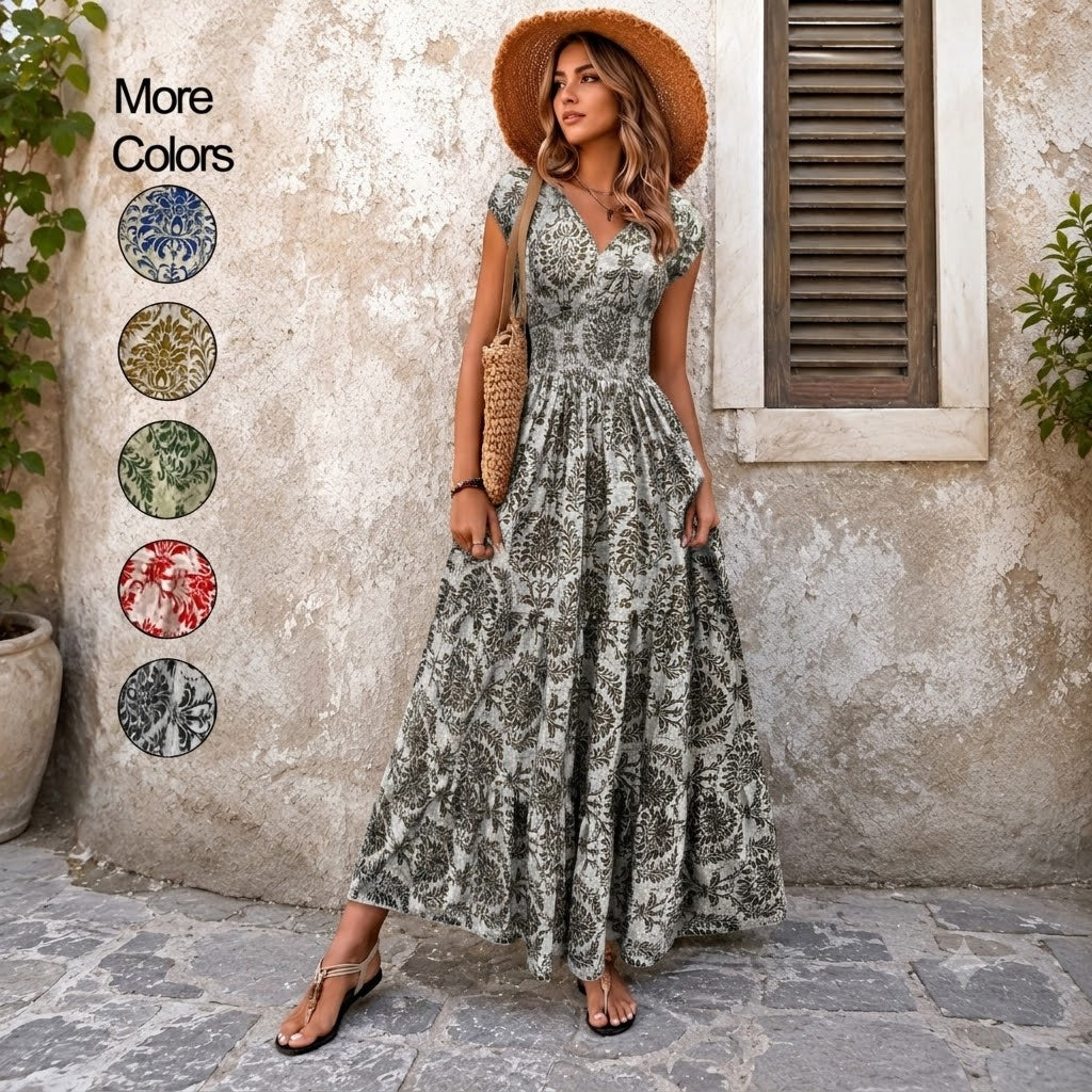 💃Women’s Boho Shirred V-Neck Flowy Vacation Maxi Dress