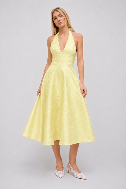 Floral Jacquard Halter Maxi Dress – Lace-Up Wedding Guest Dress