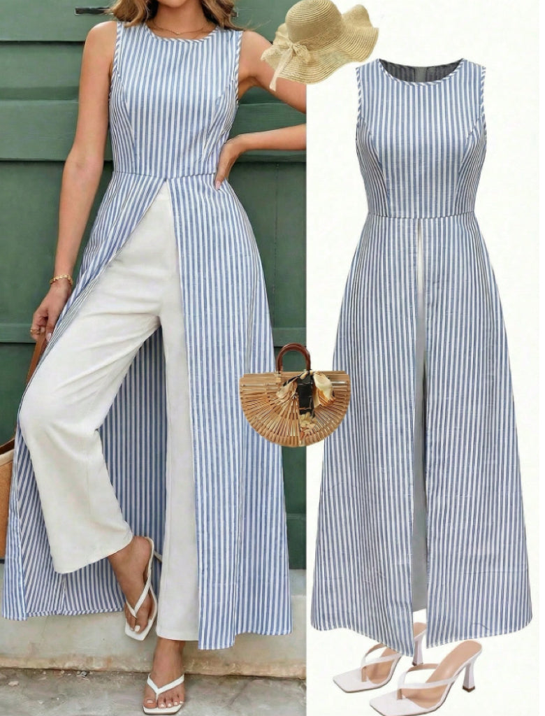 Women's Boho Printed Sleeveless Front-Split Maxi Top & Wide-Leg Pants 2-Piece Set