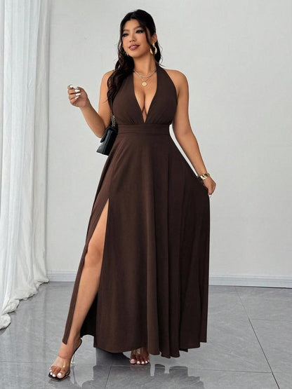 Plus Size Halter Deep V Maxi Dress
