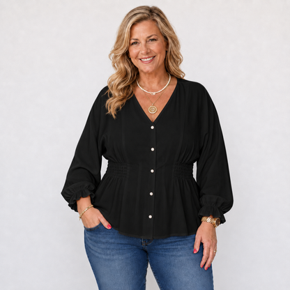Elegant V-Neck Button-Down Smocked Waist Peplum Blouse