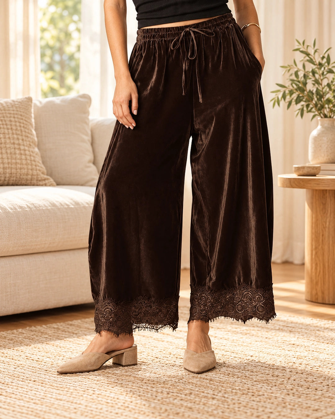 Women's Lace-Trim Velvet Wide-Leg Pants