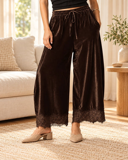 Women's Lace-Trim Velvet Wide-Leg Pants