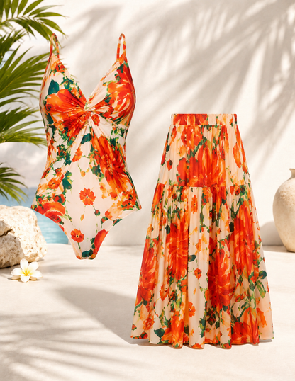 🌴 Vacation-Ready Swim Set — Flattering One-Piece with Matching Skirt, Padded & Wire-Free Comfort