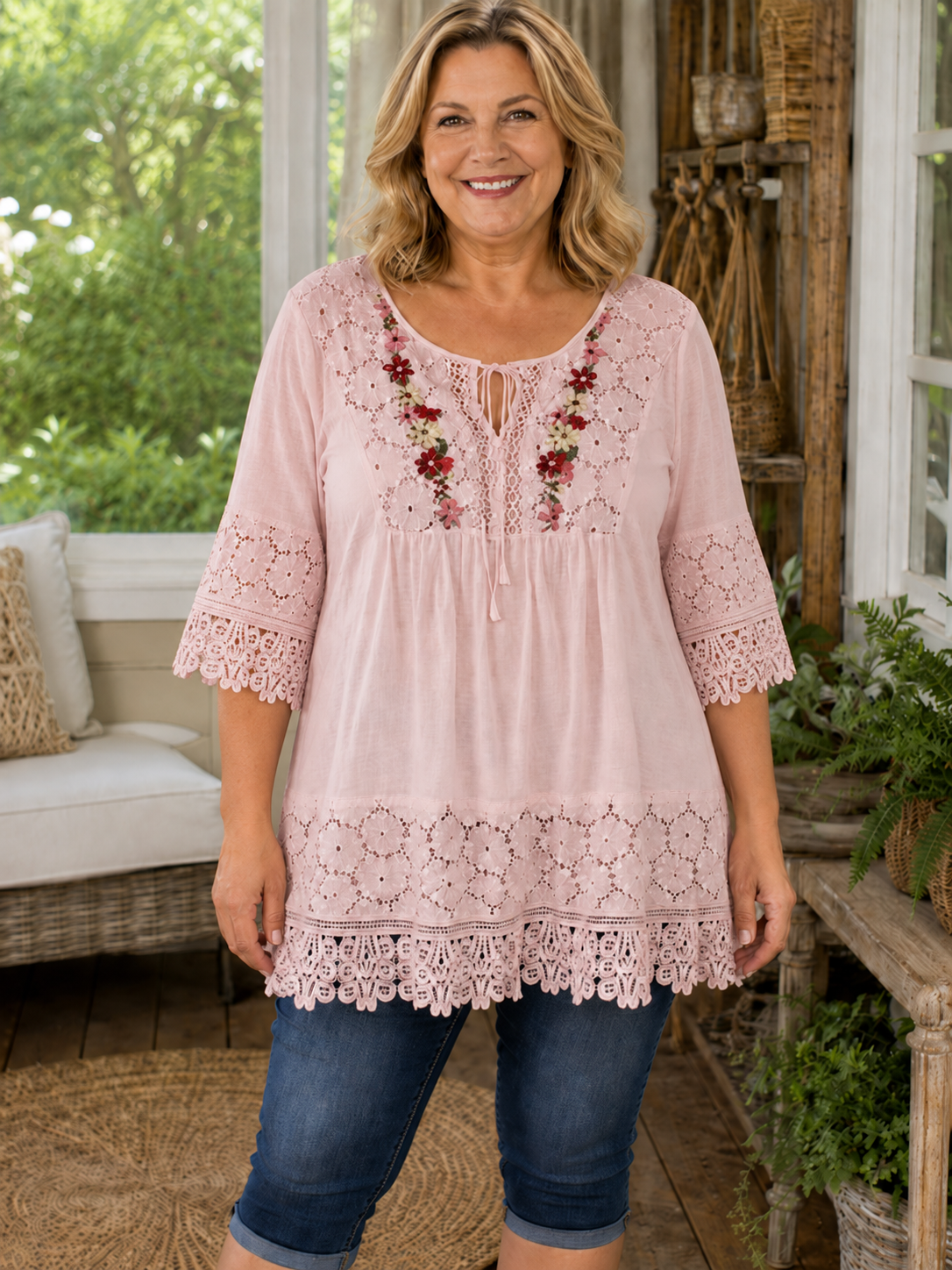 Plus Size Cotton Linen Boho Floral Embroidered Lace Tunic Top