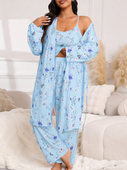 Plus Size Leopard Satin 3-Piece Sleepwear Set