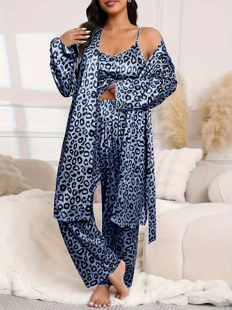 Plus Size Leopard Satin 3-Piece Sleepwear Set