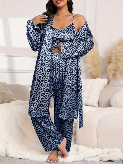 Plus Size Leopard Satin 3-Piece Sleepwear Set