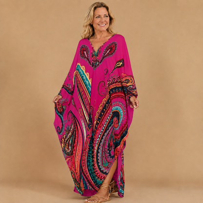 Boho Paisley Print V-Neck Kaftan Dress
