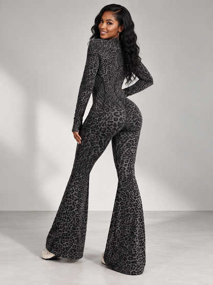 Sexy Leopard Zip Up V-Neck Flare Leg Jumpsuit