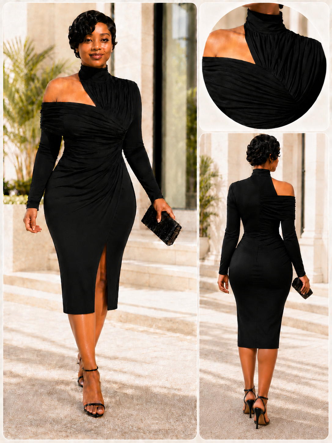 Elegant Asymmetric Off-Shoulder Ruched Midi Dress