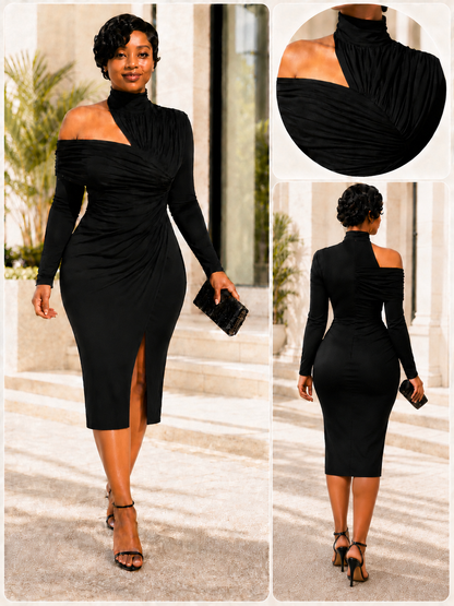 Elegant Asymmetric Off-Shoulder Ruched Midi Dress