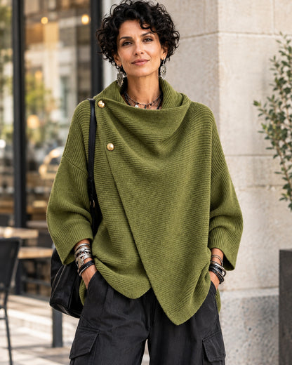 Women's Asymmetric Button Cowl Neck Knit Sweater