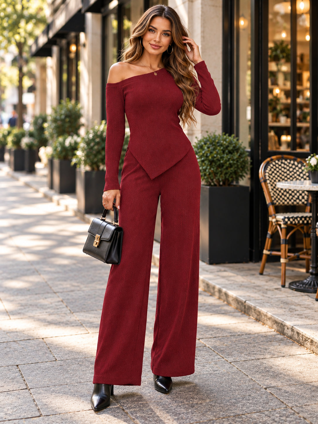 Elegant Asymmetric Shoulder Top & High-Waist Wide-Leg Pants Set