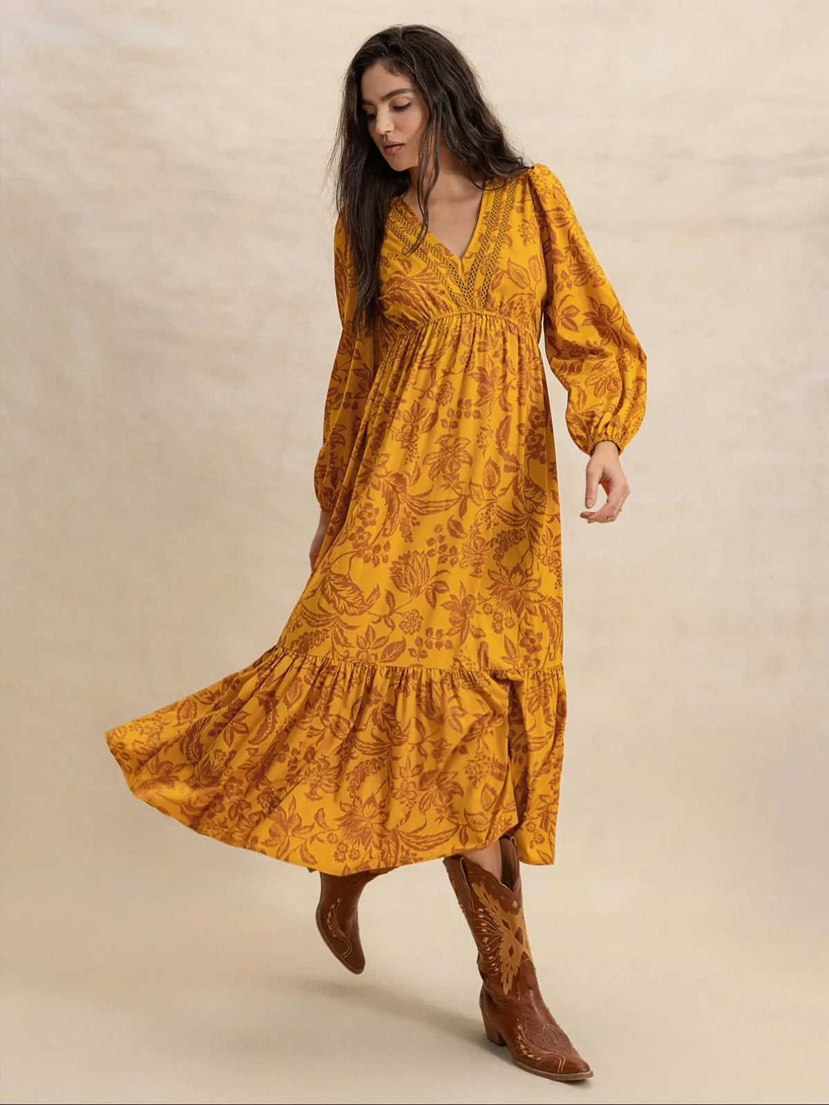 Women's Floral Boho V-Neck Long Sleeve Maxi Dress