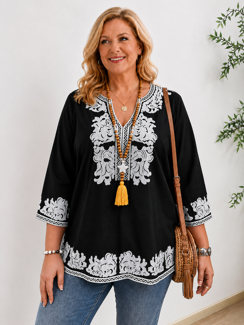 Women's Plus Size Boho Print V-Neck 3/4 Sleeve Top
