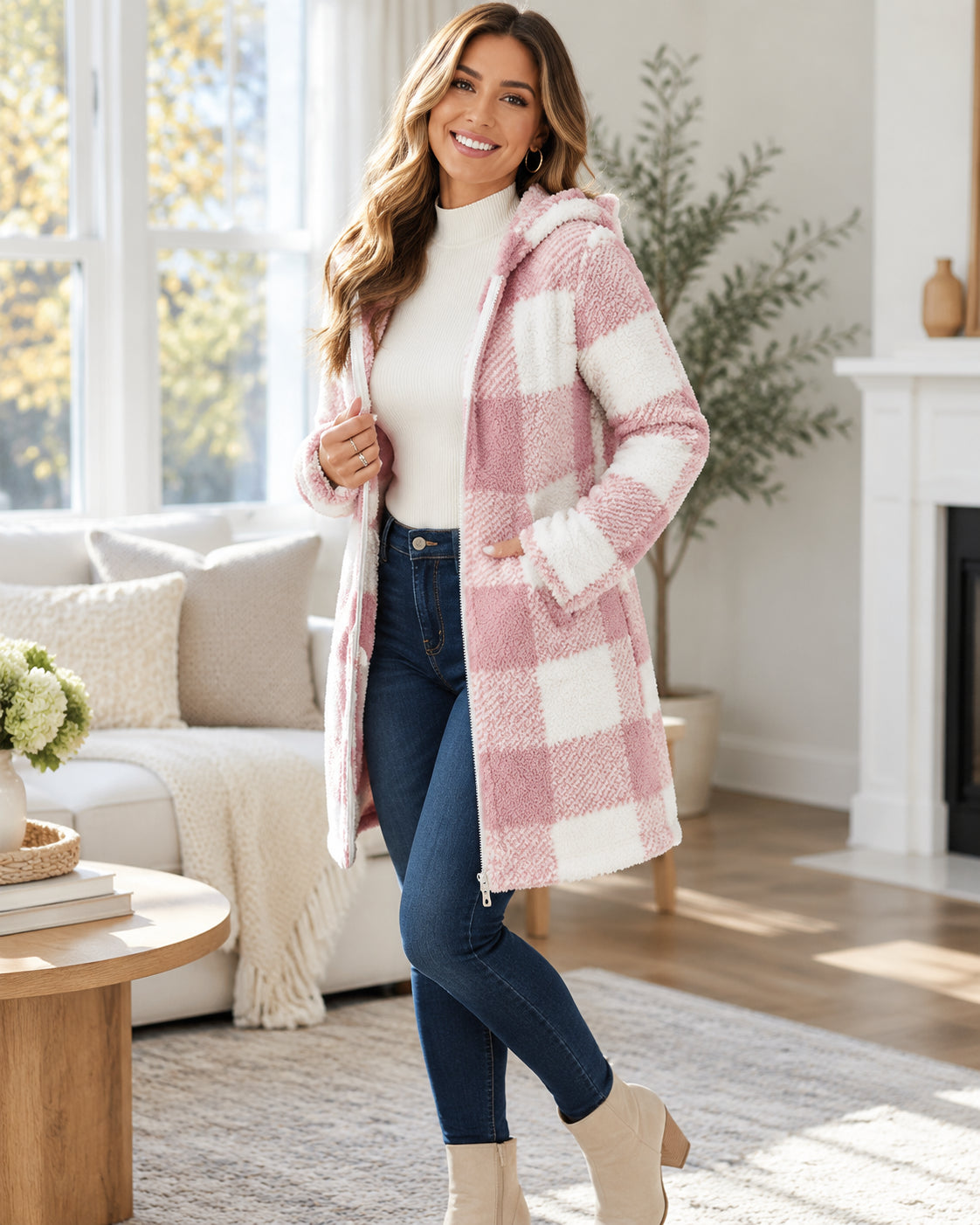 Women's Cozy Plaid Fleece Hooded Zip-Up Long Jacket