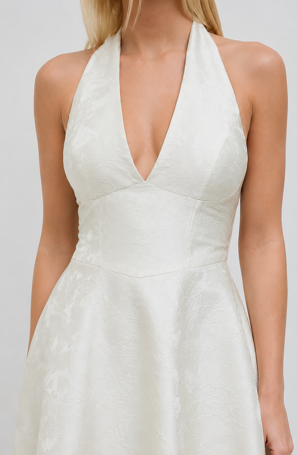 Floral Jacquard Halter Maxi Dress – Lace-Up Wedding Guest Dress