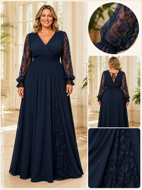 Women's Plus Size Deep V-Neck Embroidered Mesh Long Dress with Side Slit