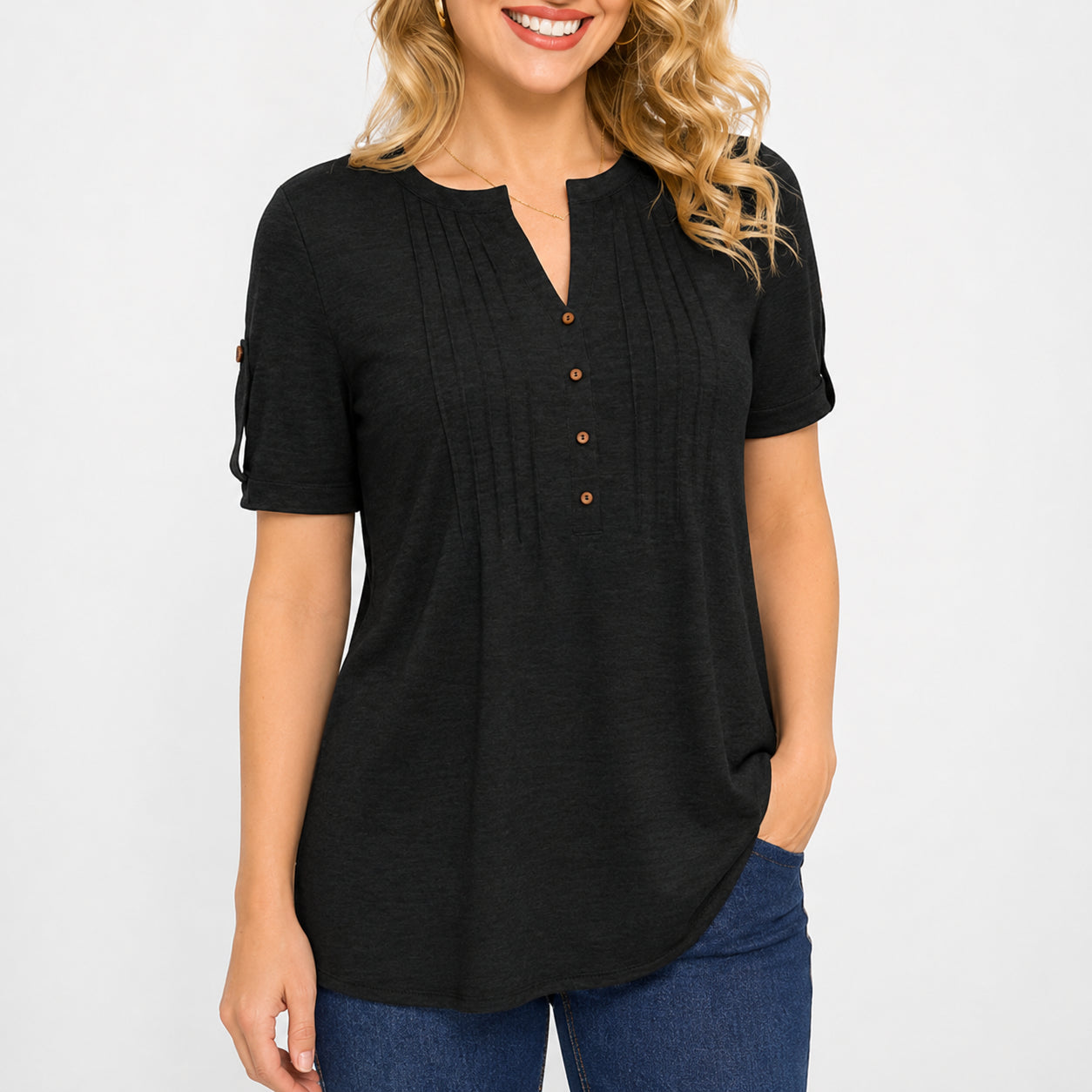 Women’s Pleated V-Neck Button Top