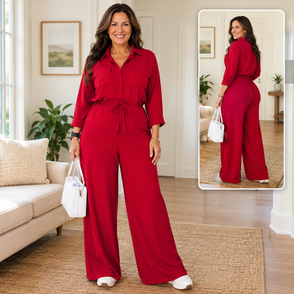 Women’s Drawstring-Waist Wide-Leg Shirt Jumpsuit