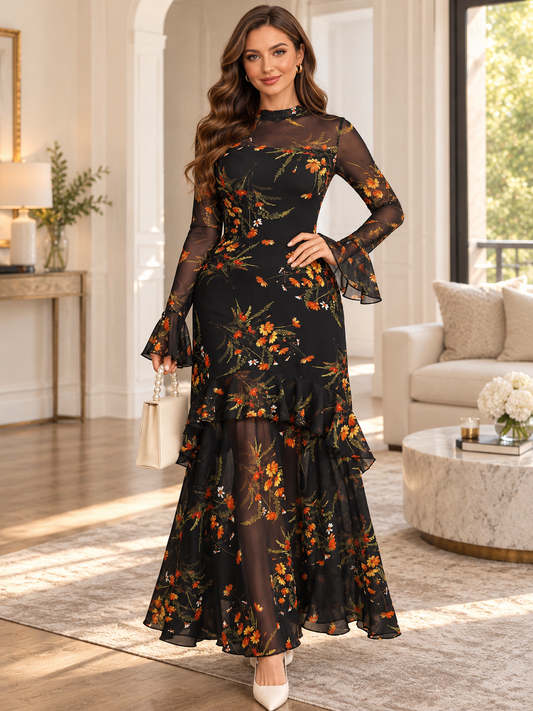 Women’s Floral Mesh Ruffle-Sleeve Tiered Vacation Maxi Dress