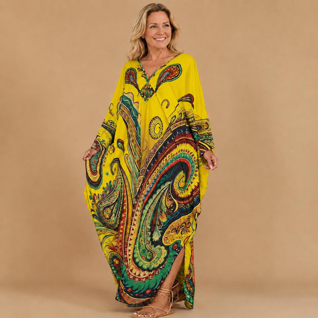 Boho Paisley Print V-Neck Kaftan Dress