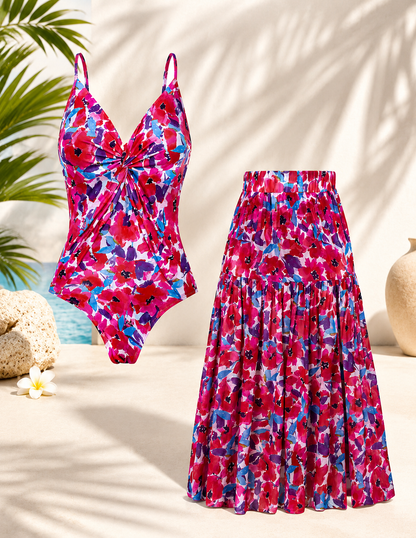 🌴 Vacation-Ready Swim Set — Flattering One-Piece with Matching Skirt, Padded & Wire-Free Comfort