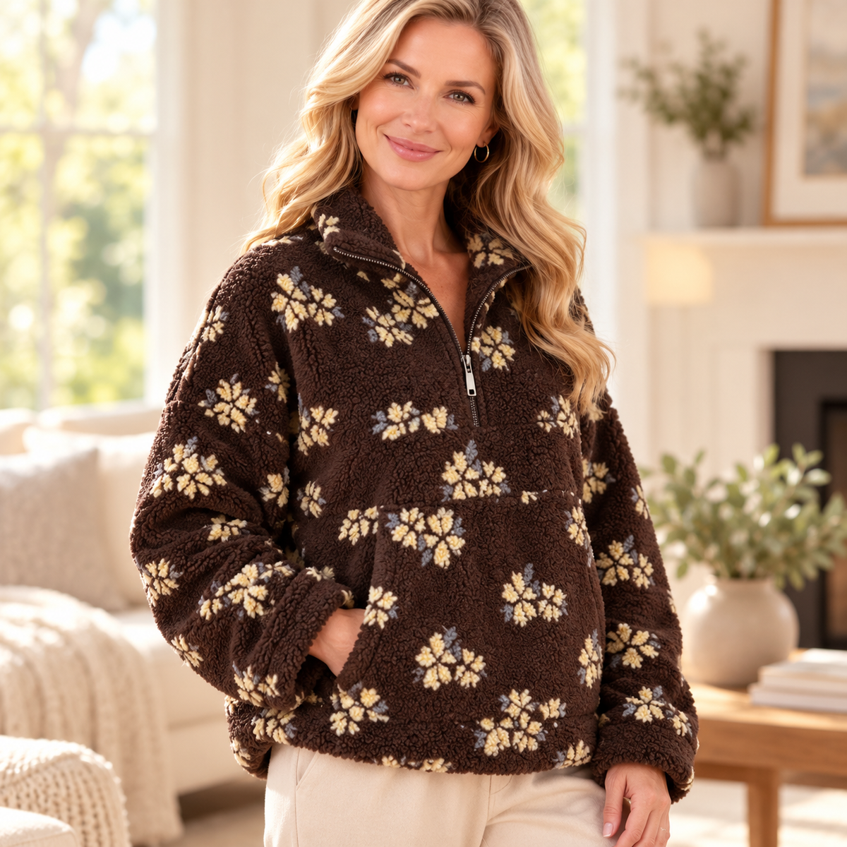 Women's Floral Sherpa Fleece Half Zip Pullover with Kangaroo Pocket