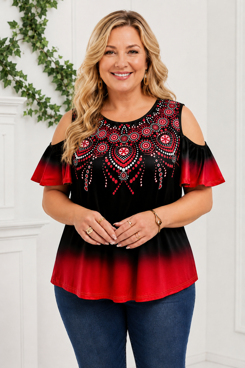 Plus Size Boho Ombre Cold Shoulder Top