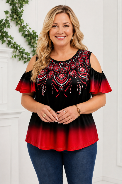 Plus Size Boho Ombre Cold Shoulder Top
