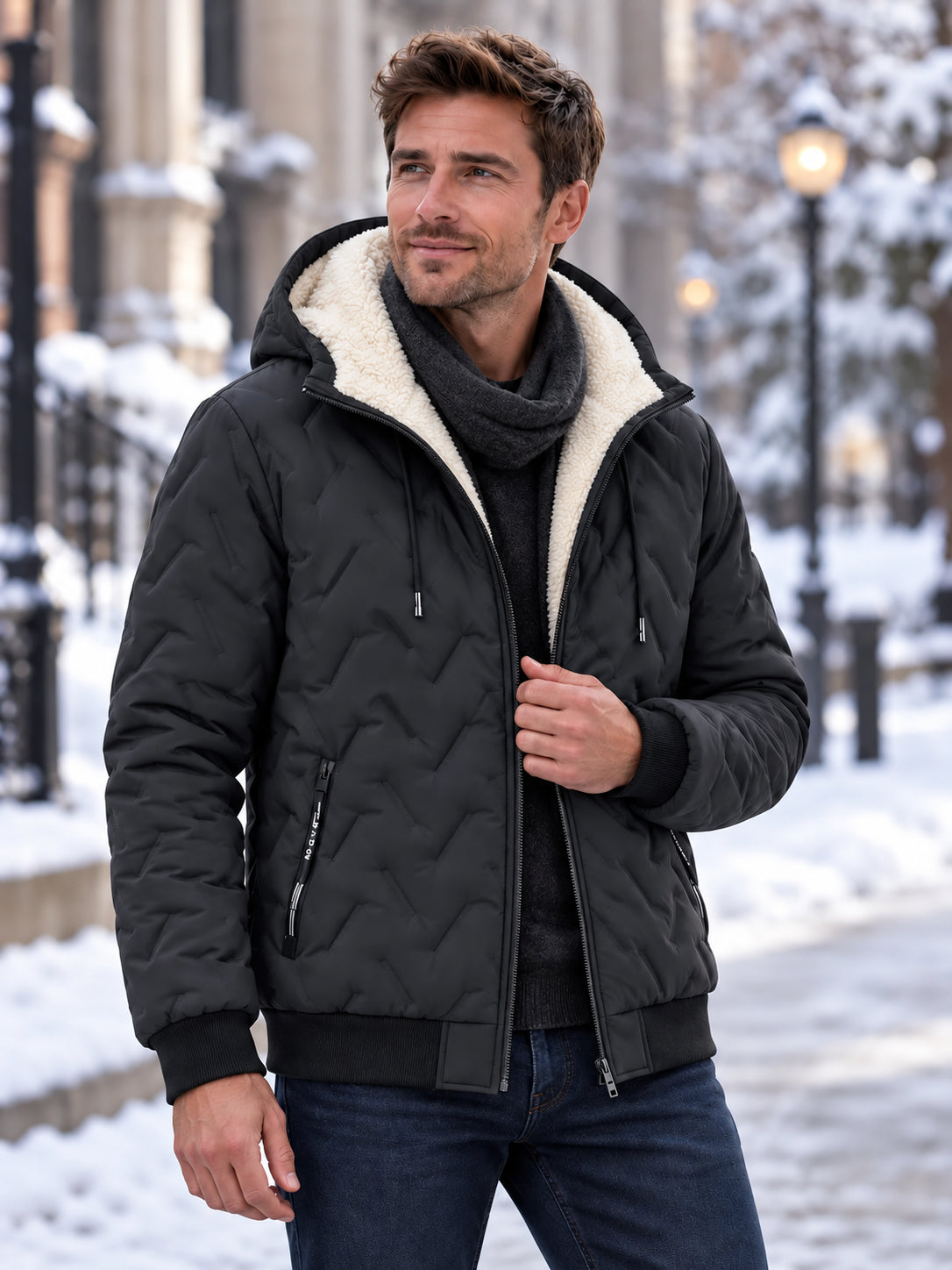 Unisex Geometric Quilted Sherpa Lined Hooded Winter Jacket - Water Resistant