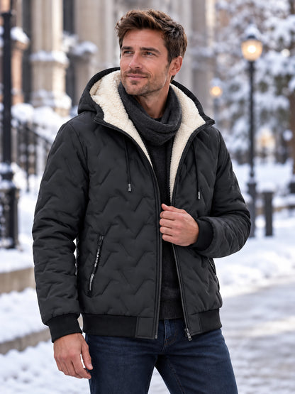 Unisex Geometric Quilted Sherpa Lined Hooded Winter Jacket - Water Resistant