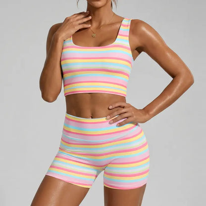 Women’s Rainbow Stripe High-Waist 2-Piece Activewear Set