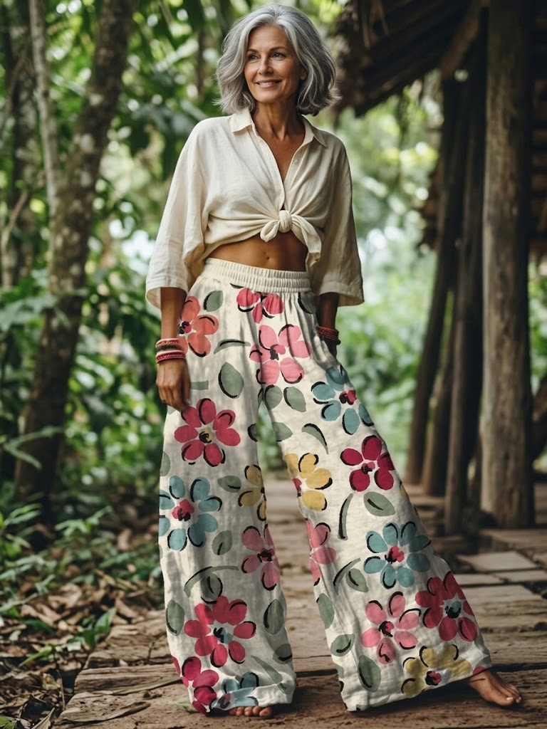 🌸Women Boho Floral Bird Print Wide Leg Long Pants With Pockets