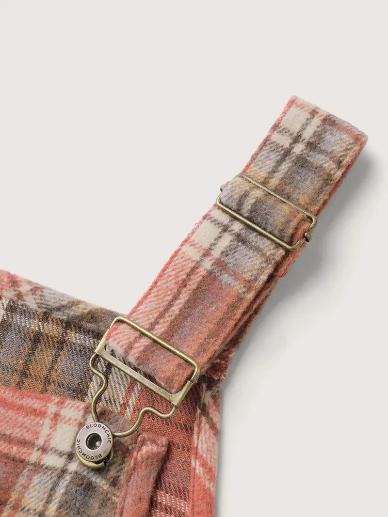 Women’s Plaid Wide-Leg Overalls with Pockets