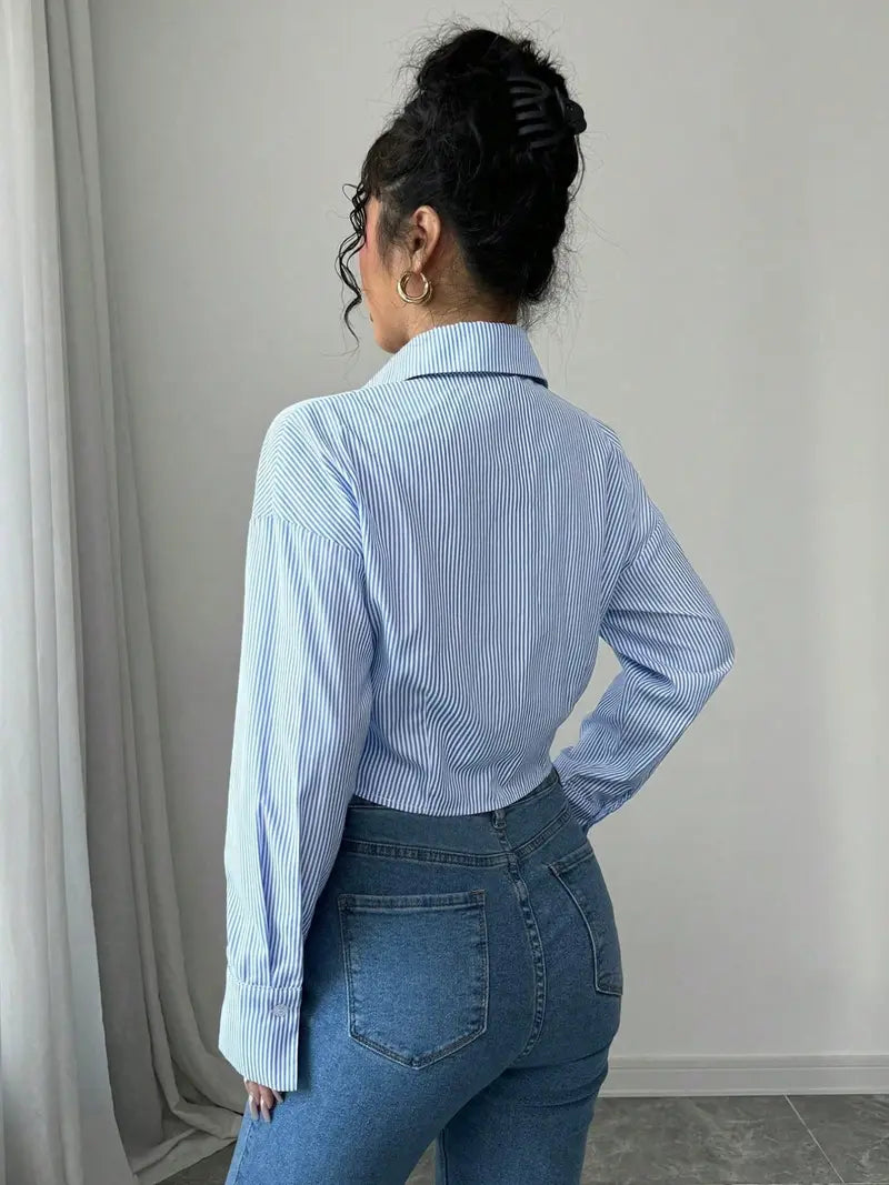 Women’s Ruched Waist Striped Cropped Button-Down Shirt