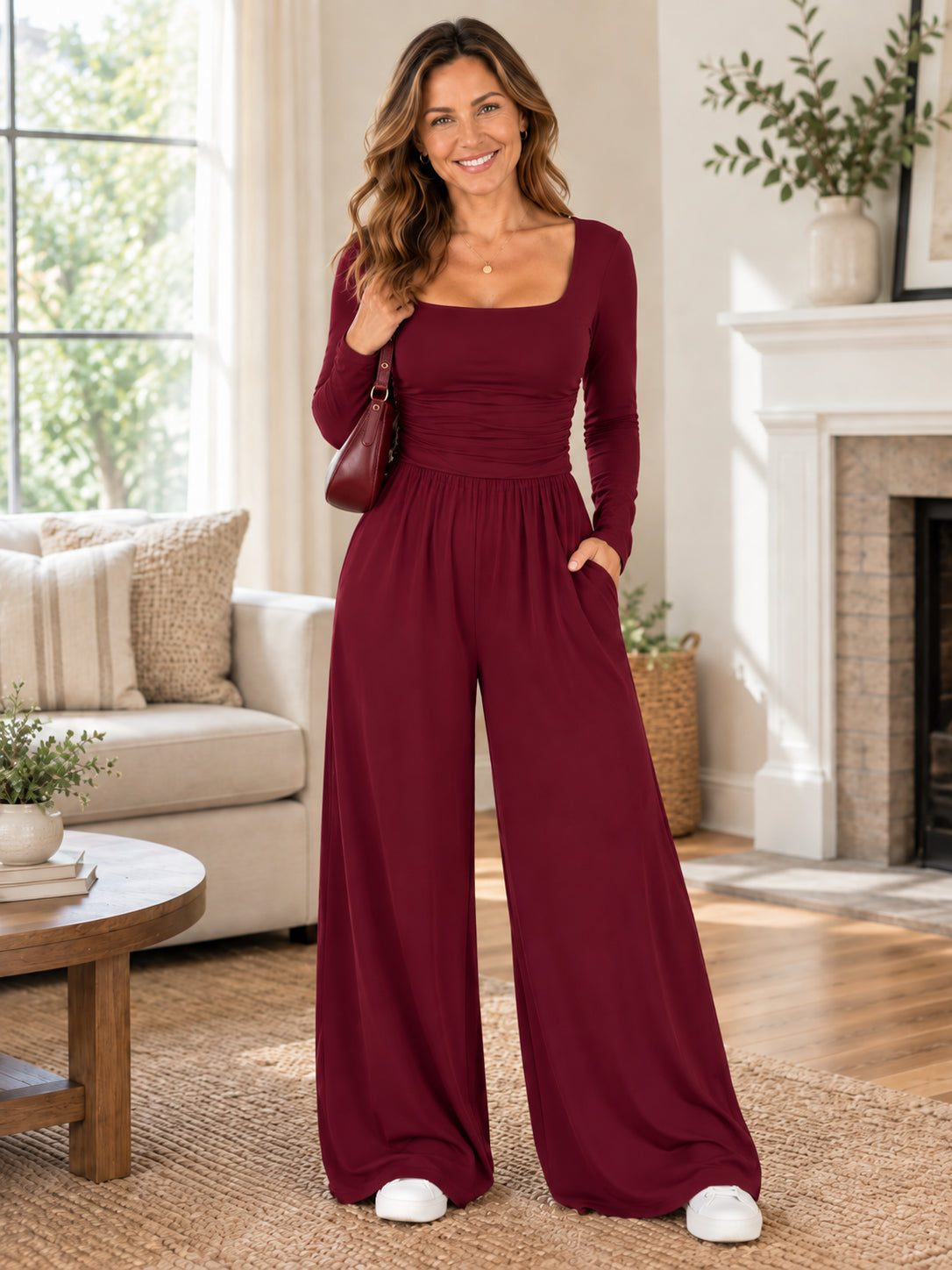 Women's Ruched Square-Neck Wide-Leg Jumpsuit